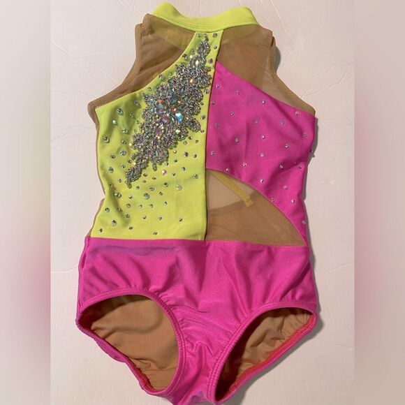 Patrick J dance custom Solo neon pink yellow gravity leotard bedazzled LC child - Picture 3 of 9